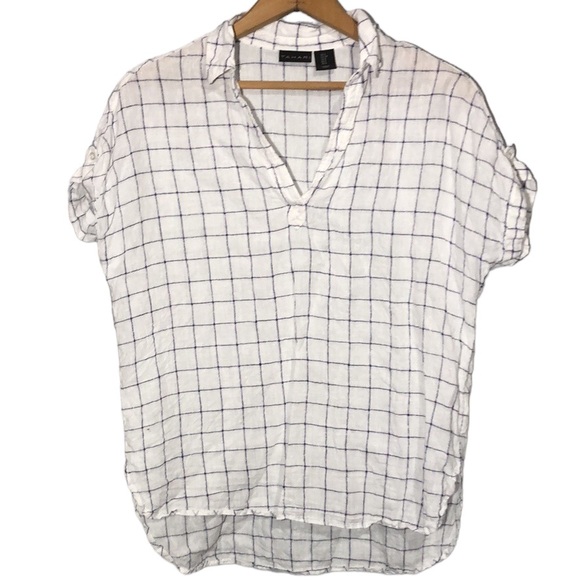 TAHARI | Women’s White Split Neck Linen Popover Windowpane Blouse Top size Small - Picture 2 of 11